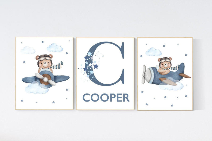 Airplane Bear Nursery Print: Personalized Initial, Blue Sky Decor