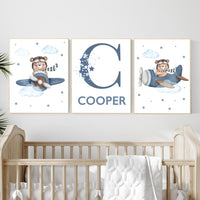 Airplane Bear Nursery Print: Personalized Initial, Blue Sky Decor