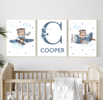 Airplane Bear Nursery Print: Personalized Initial, Blue Sky Decor