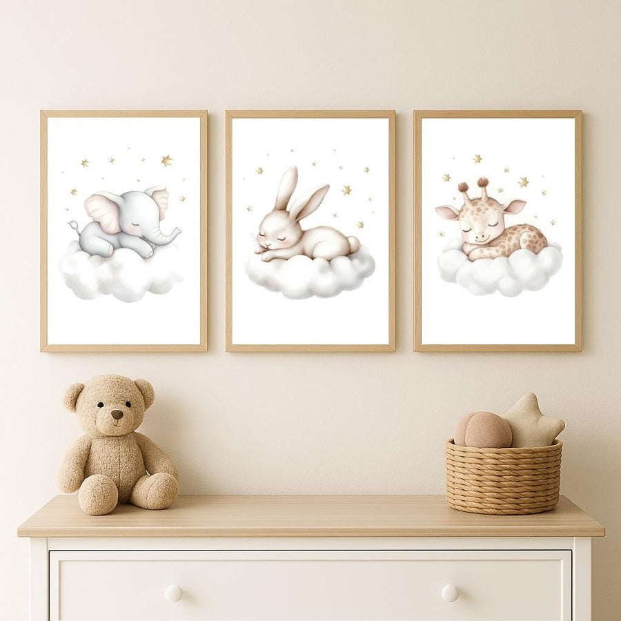 Sleeping Animal Nursery Prints: Elephant, Bunny, Giraffe Wall Art