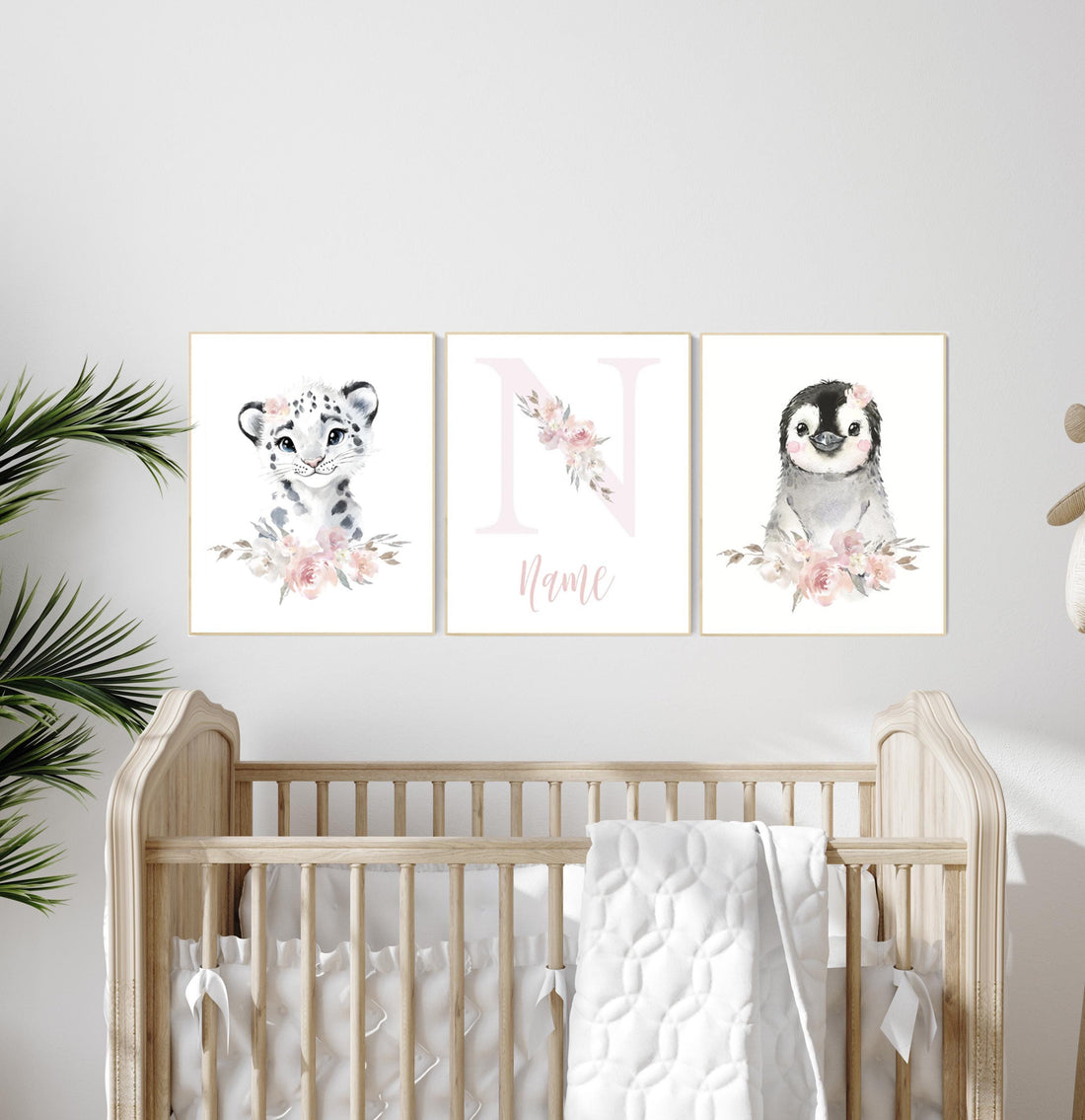 Personalized Arctic Animal Nursery Wall Art – Snow Leopard, Penguin & Name Print Set for Baby Girl, Floral 3-Piece Custom Decor