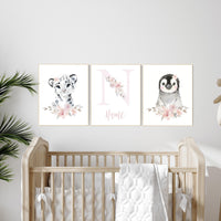 Personalized Arctic Animal Nursery Wall Art – Snow Leopard, Penguin & Name Print Set for Baby Girl, Floral 3-Piece Custom Decor