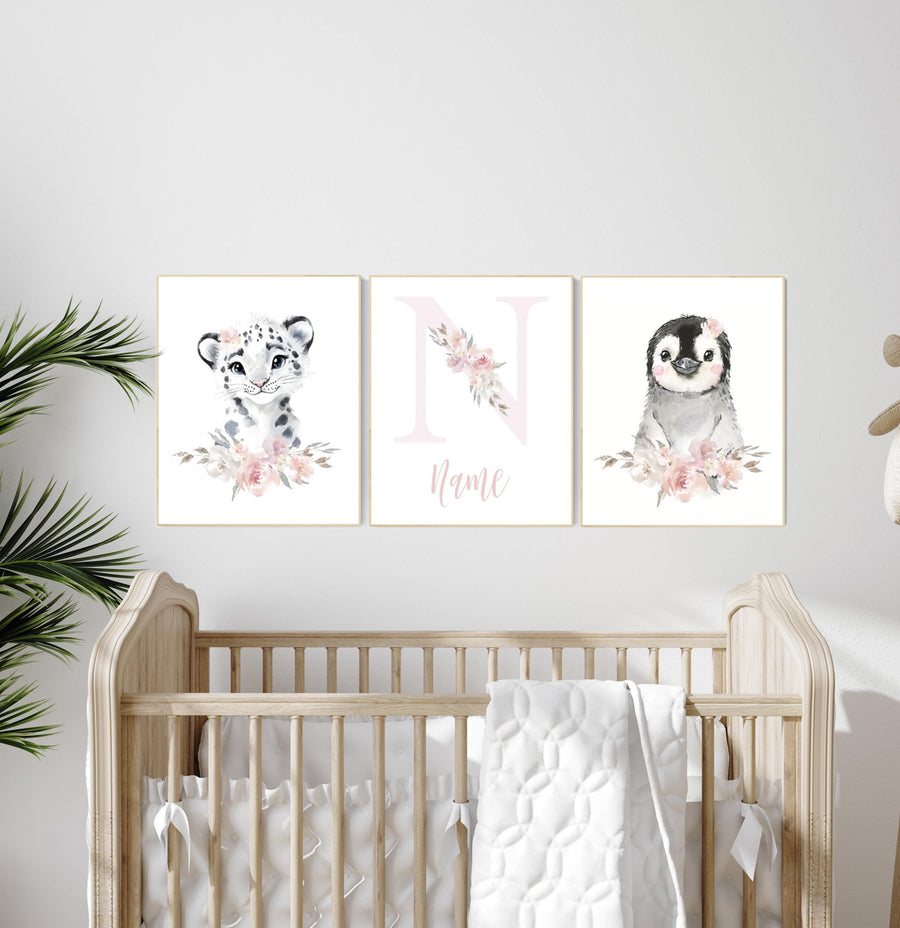 Personalized Arctic Animal Nursery Wall Art – Snow Leopard, Penguin & Name Print Set for Baby Girl, Floral 3-Piece Custom Decor