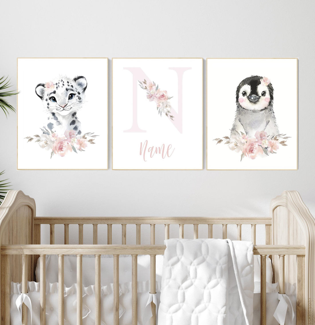 Personalized Arctic Animal Nursery Wall Art – Snow Leopard, Penguin & Name Print Set for Baby Girl, Floral 3-Piece Custom Decor