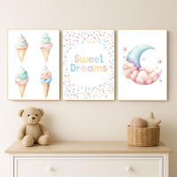 Ice Cream Sweet Dreams Nursery Wall Art – Pastel Moon & Cone Print Set of 3, Cute Bedroom Decor for Kids, Baby Girl or Boy Room Art