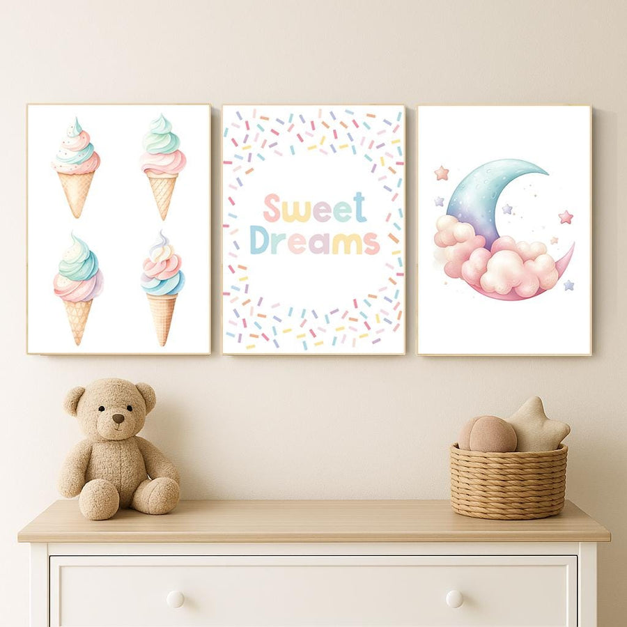 Ice Cream Sweet Dreams Nursery Wall Art – Pastel Moon & Cone Print Set of 3, Cute Bedroom Decor for Kids, Baby Girl or Boy Room Art