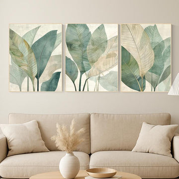 Tropical Leaf Wall Art Set – Neutral Green Botanical Prints for Living Room, Mid Century Modern Jungle Plant Decor (Set of 3)