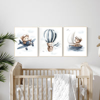 Blue Bear Adventure Nursery Prints: Airplane, Balloon, Boat - Set of 3