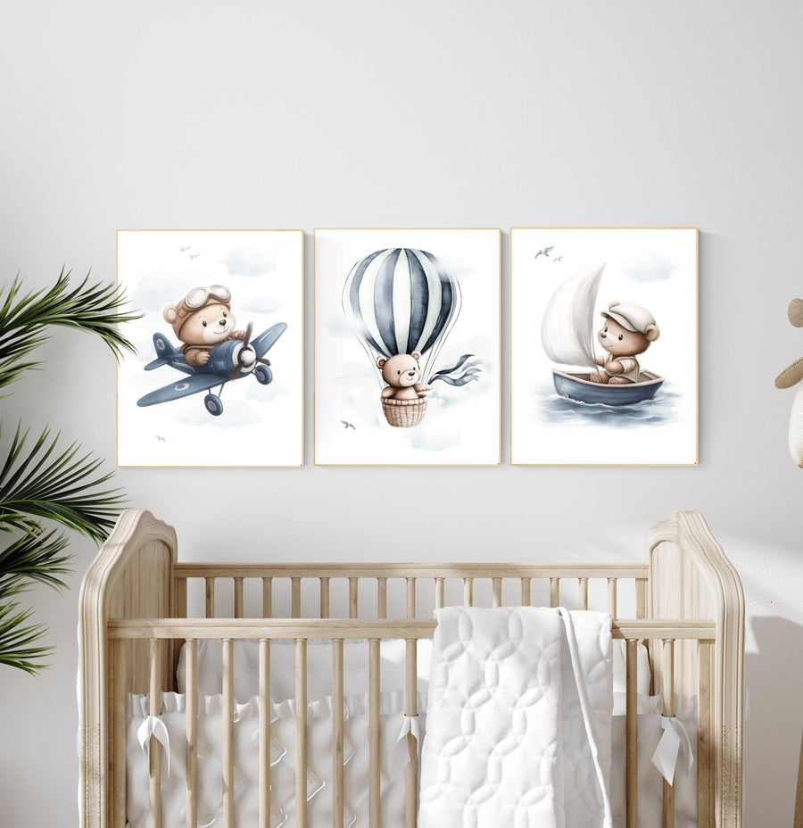 Blue Bear Adventure Nursery Prints: Airplane, Balloon, Boat - Set of 3