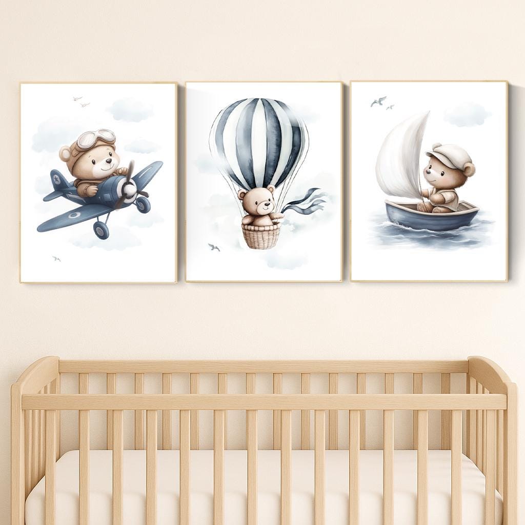Blue Bear Adventure Nursery Prints: Airplane, Balloon, Boat - Set of 3