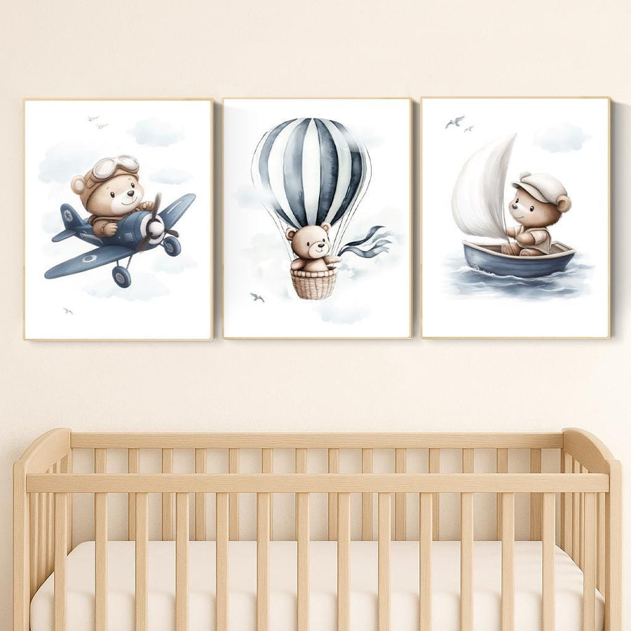 Blue Bear Adventure Nursery Prints: Airplane, Balloon, Boat - Set of 3