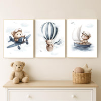 Blue Bear Adventure Nursery Prints: Airplane, Balloon, Boat - Set of 3