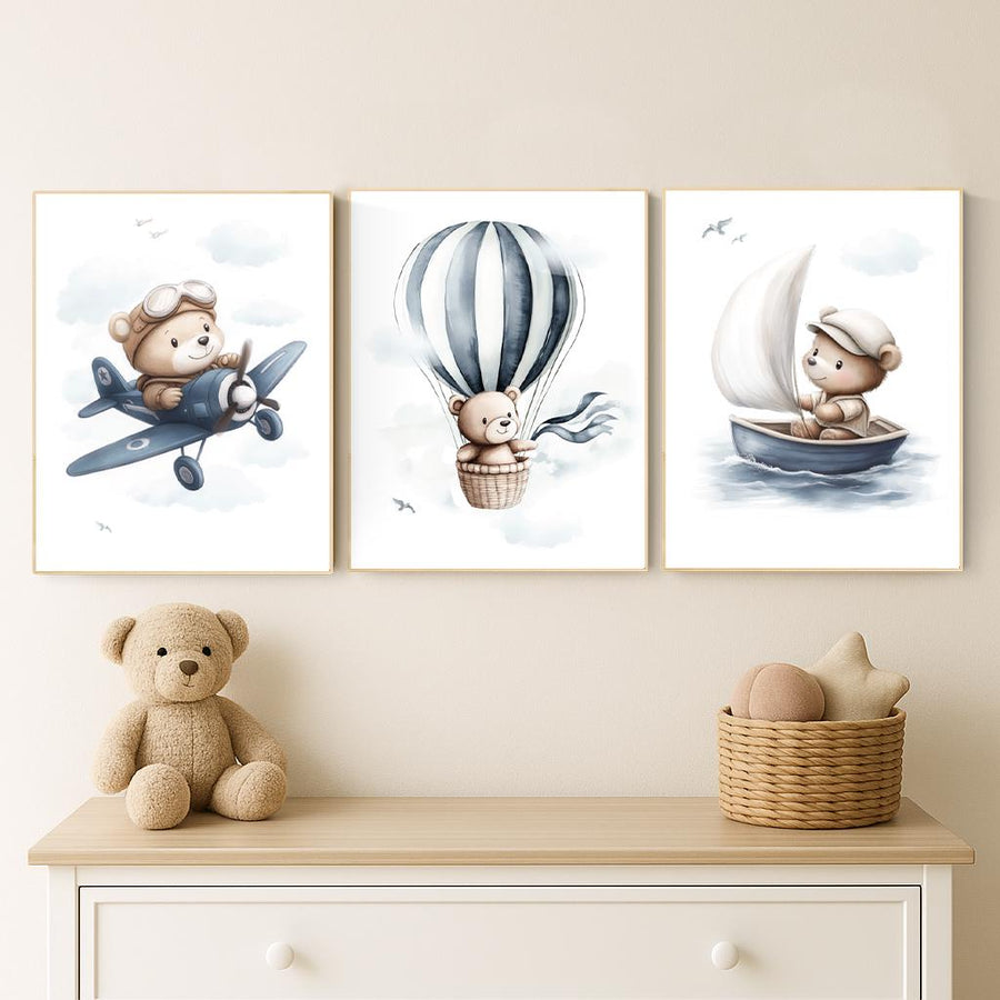 Blue Bear Adventure Nursery Prints: Airplane, Balloon, Boat - Set of 3