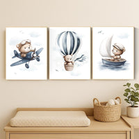 Blue Bear Adventure Nursery Prints: Airplane, Balloon, Boat - Set of 3