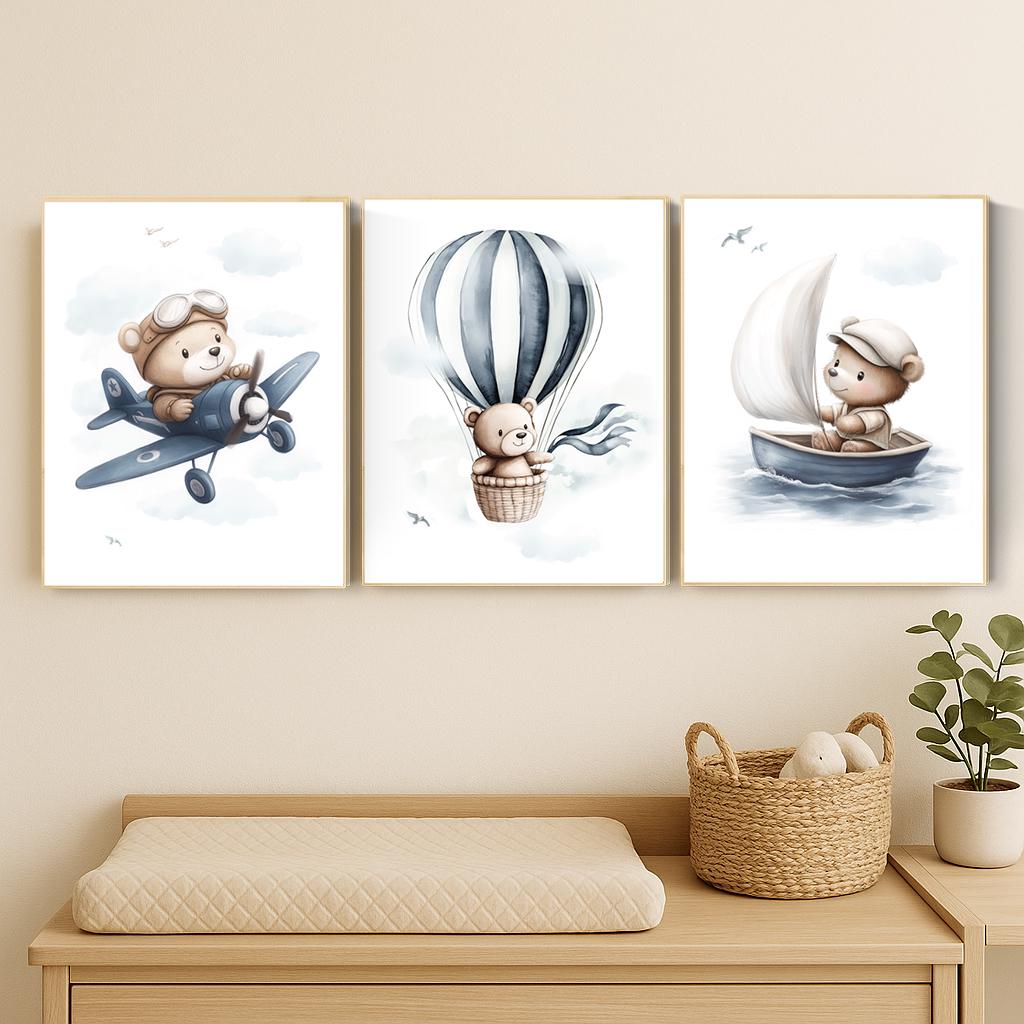 Blue Bear Adventure Nursery Prints: Airplane, Balloon, Boat - Set of 3