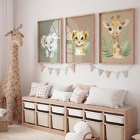 Safari Animal Nursery Wall Art – Jungle Baby Elephant, Lion, and Giraffe Prints – Neutral Safari Decor for Boys or Girls (Set of 3)