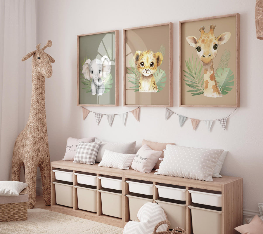 Safari Animal Nursery Wall Art – Jungle Baby Elephant, Lion, and Giraffe Prints – Neutral Safari Decor for Boys or Girls (Set of 3)