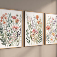 Watercolor Wildflower Print Set, Neutral Boho Botanical Art (Set of 3)