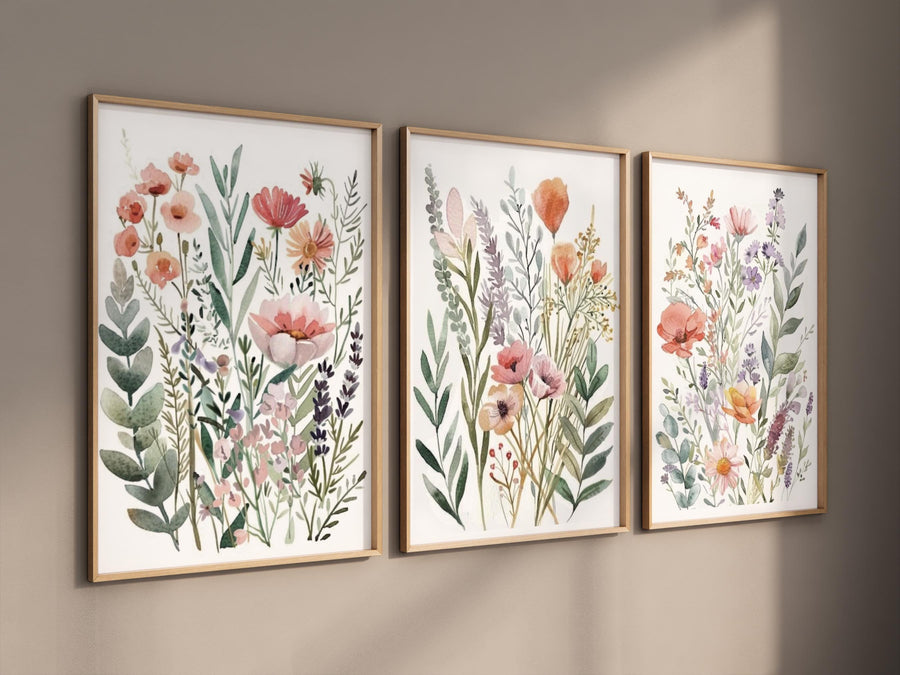 Watercolor Wildflower Print Set, Neutral Boho Botanical Art (Set of 3)