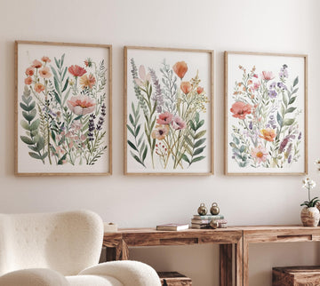 Watercolor Wildflower Print Set, Neutral Boho Botanical Art (Set of 3)