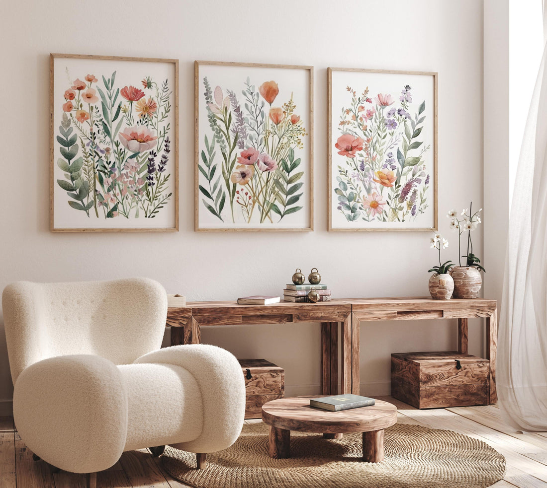 Watercolor Wildflower Print Set, Neutral Boho Botanical Art (Set of 3)