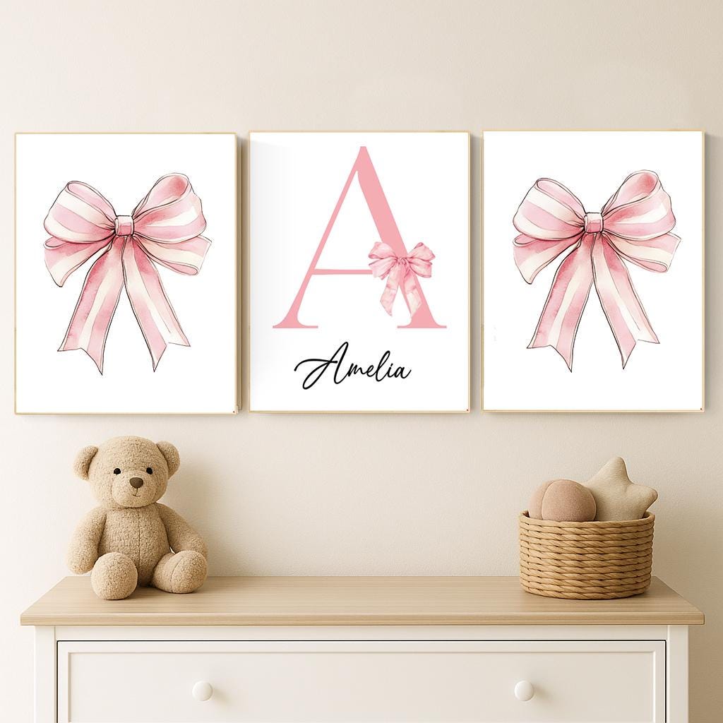 Personalized Baby Girl Nursery Art: Pink Bow Monogram Print Set