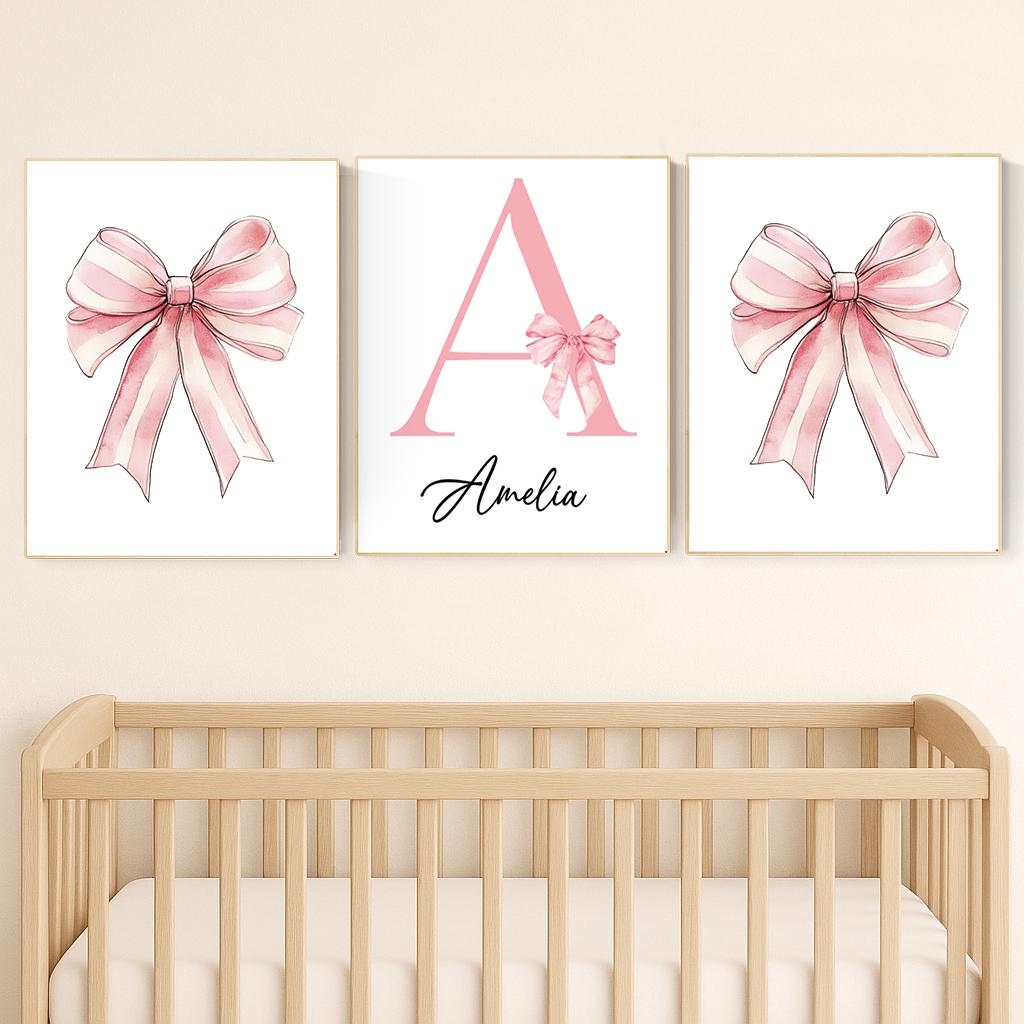 Personalized Baby Girl Nursery Art: Pink Bow Monogram Print Set