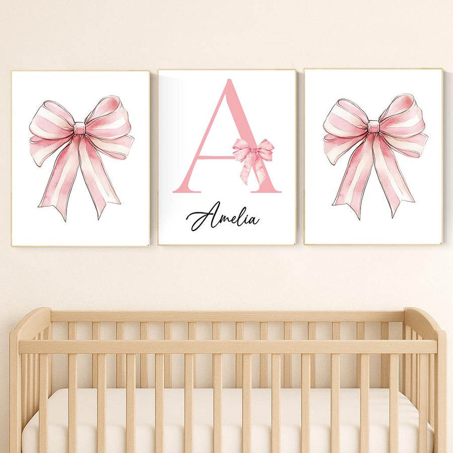 Personalized Baby Girl Nursery Art: Pink Bow Monogram Print Set