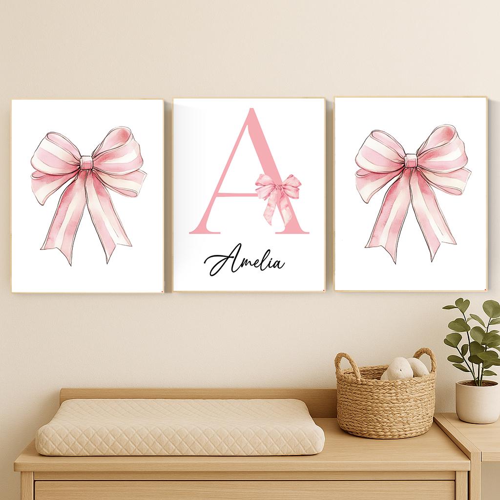 Personalized Baby Girl Nursery Art: Pink Bow Monogram Print Set