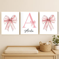 Personalized Baby Girl Nursery Art: Pink Bow Monogram Print Set