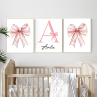 Personalized Baby Girl Nursery Art: Pink Bow Monogram Print Set