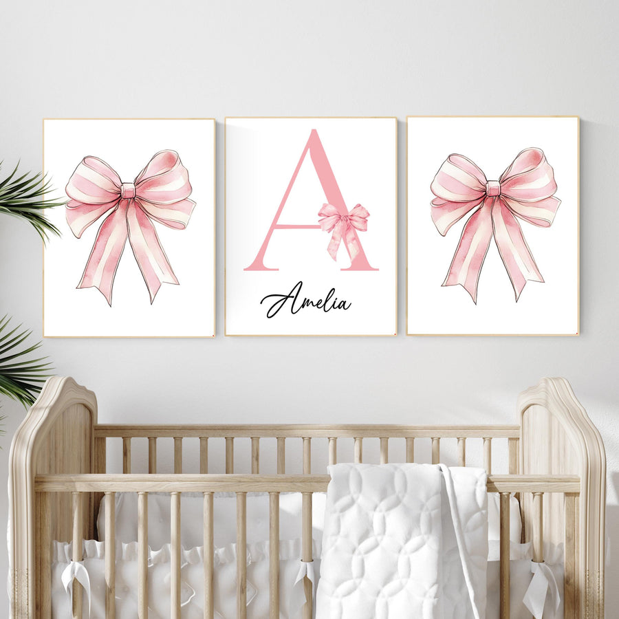 Personalized Baby Girl Nursery Art: Pink Bow Monogram Print Set