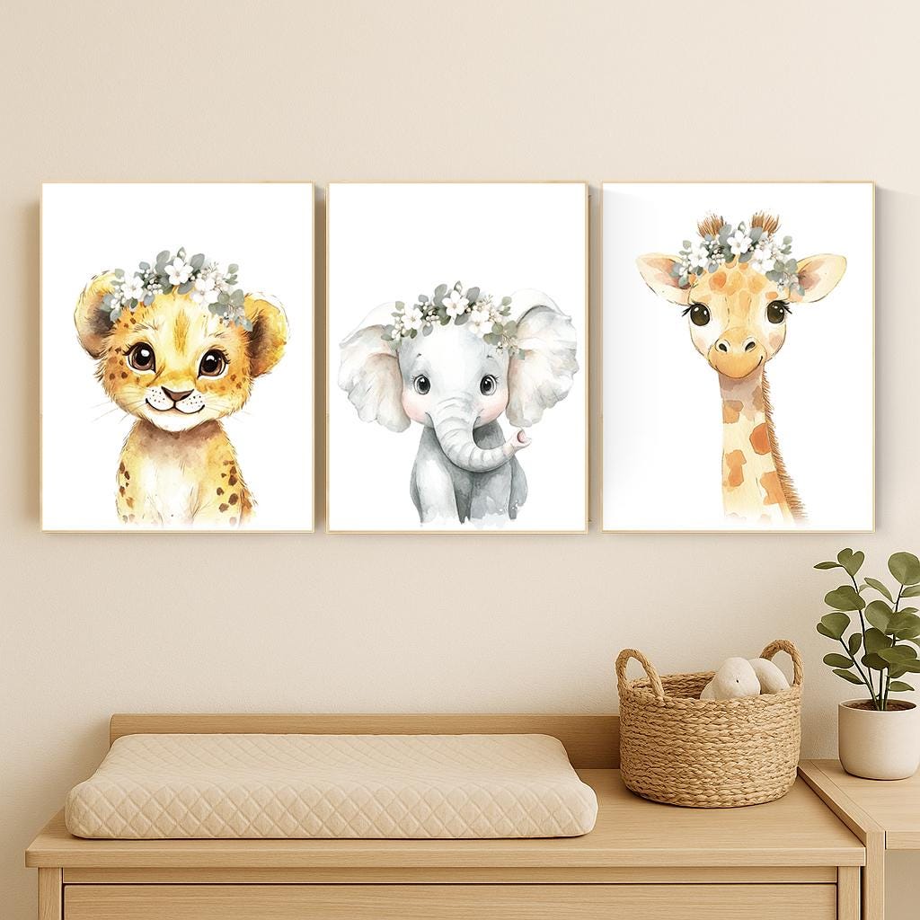 Safari Nursery Wall Art Set – Baby Lion, Elephant & Giraffe with Flowers – Neutral Jungle Animal Prints for Girl&
