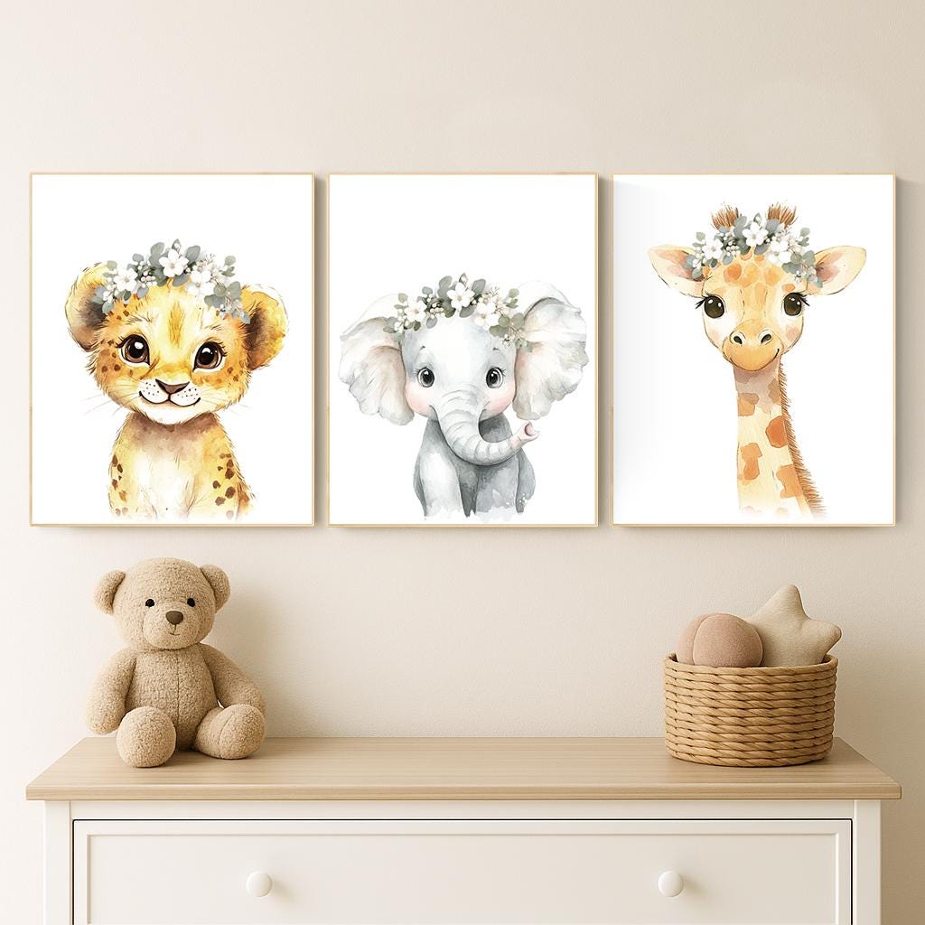 Safari Nursery Wall Art Set – Baby Lion, Elephant & Giraffe with Flowers – Neutral Jungle Animal Prints for Girl&