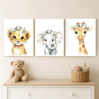 Safari Nursery Wall Art Set – Baby Lion, Elephant & Giraffe with Flowers – Neutral Jungle Animal Prints for Girl's Room (Set of 3)