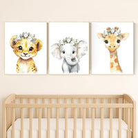 Safari Nursery Wall Art Set – Baby Lion, Elephant & Giraffe with Flowers – Neutral Jungle Animal Prints for Girl's Room (Set of 3)