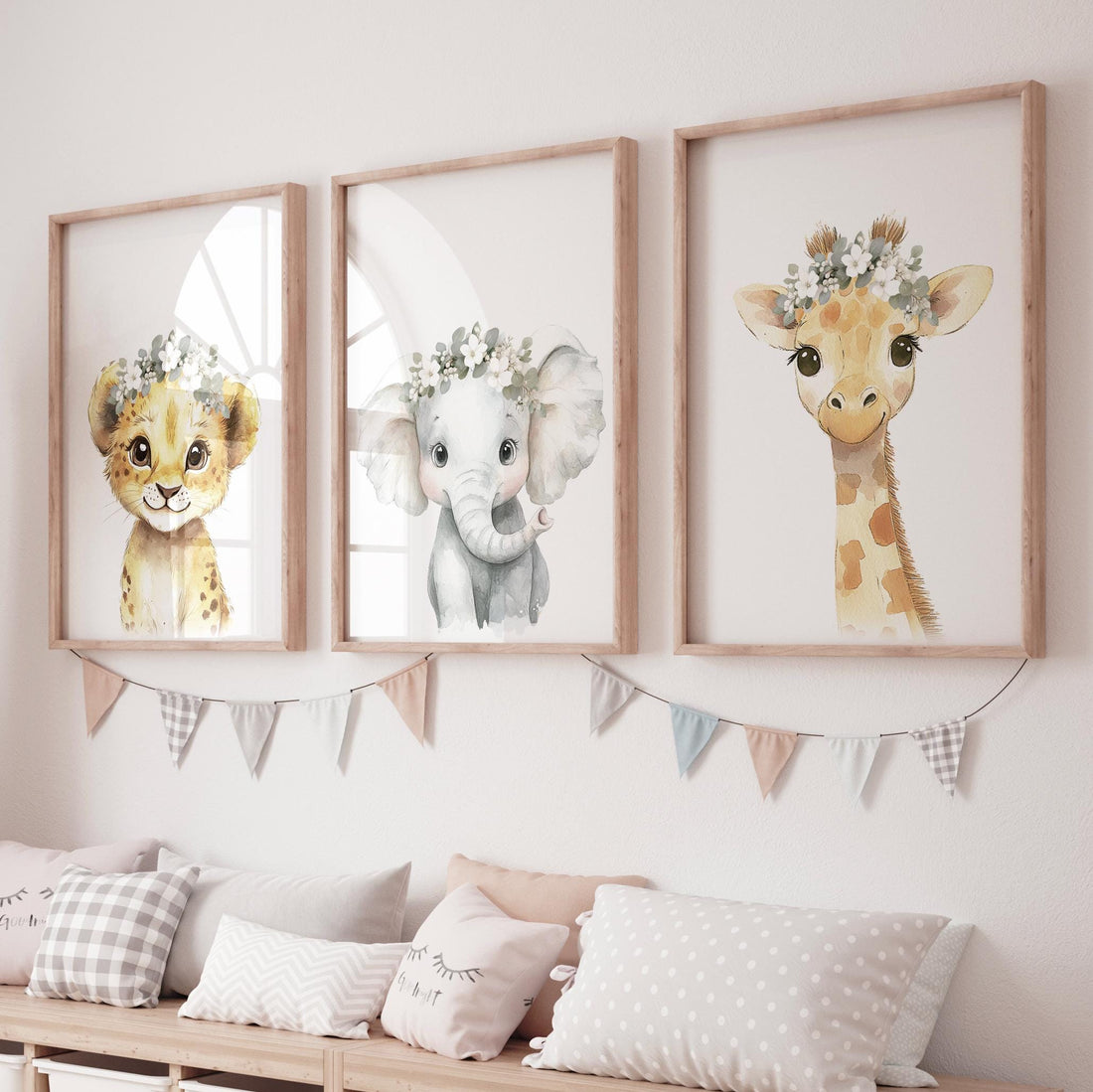 Safari Nursery Wall Art Set – Baby Lion, Elephant & Giraffe with Flowers – Neutral Jungle Animal Prints for Girl&