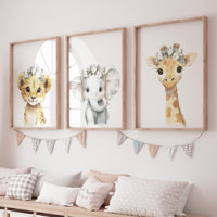 Safari Nursery Wall Art Set – Baby Lion, Elephant & Giraffe with Flowers – Neutral Jungle Animal Prints for Girl's Room (Set of 3)