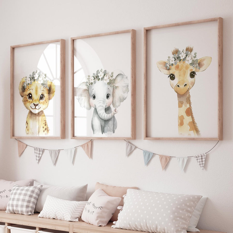 Safari Nursery Wall Art Set – Baby Lion, Elephant & Giraffe with Flowers – Neutral Jungle Animal Prints for Girl's Room (Set of 3)