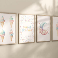 Ice Cream, Sweet Dreams Wall Art Set – Pastel Nursery Prints for Girls or Boys – Cute Moon & Cone Decor for Kids Room (Set of 4)