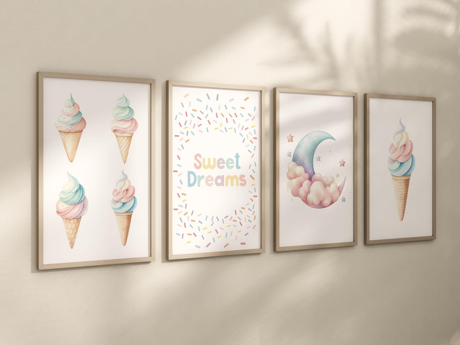 Ice Cream, Sweet Dreams Wall Art Set – Pastel Nursery Prints for Girls or Boys – Cute Moon & Cone Decor for Kids Room (Set of 4)