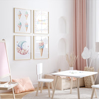Ice Cream, Sweet Dreams Wall Art Set – Pastel Nursery Prints for Girls or Boys – Cute Moon & Cone Decor for Kids Room (Set of 4)