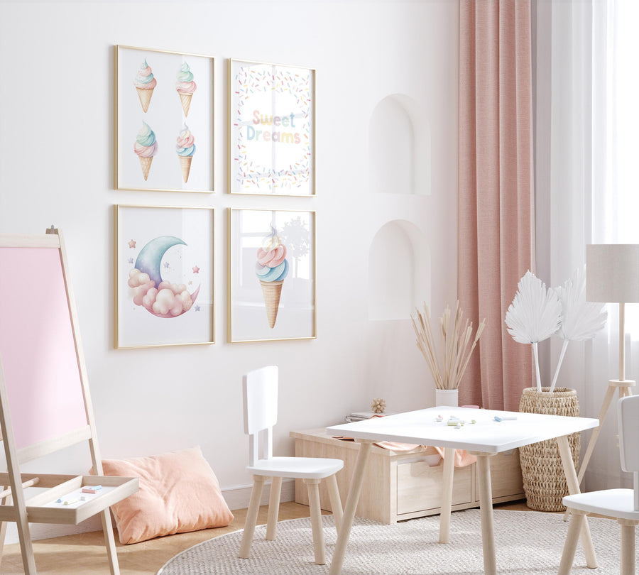Ice Cream, Sweet Dreams Wall Art Set – Pastel Nursery Prints for Girls or Boys – Cute Moon & Cone Decor for Kids Room (Set of 4)