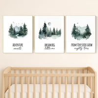 Woodland Nursery Art Prints: Adventure Awaits, Dream Big, Mighty Trees - Set of 3