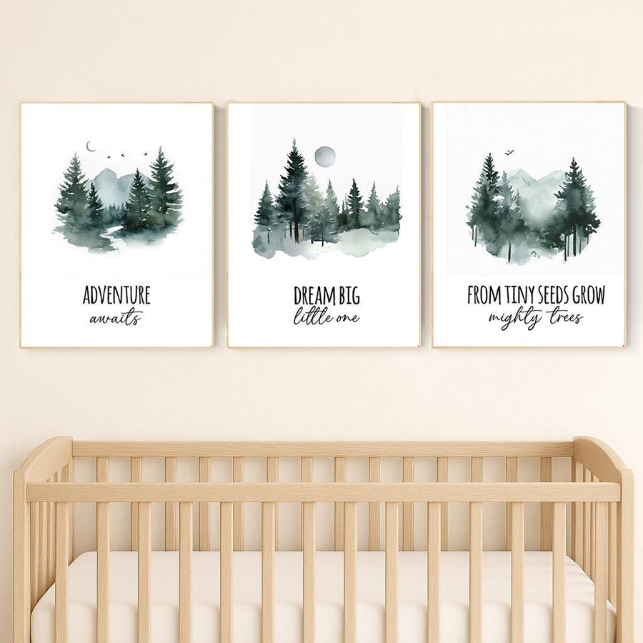 Woodland Nursery Art Prints: Adventure Awaits, Dream Big, Mighty Trees - Set of 3
