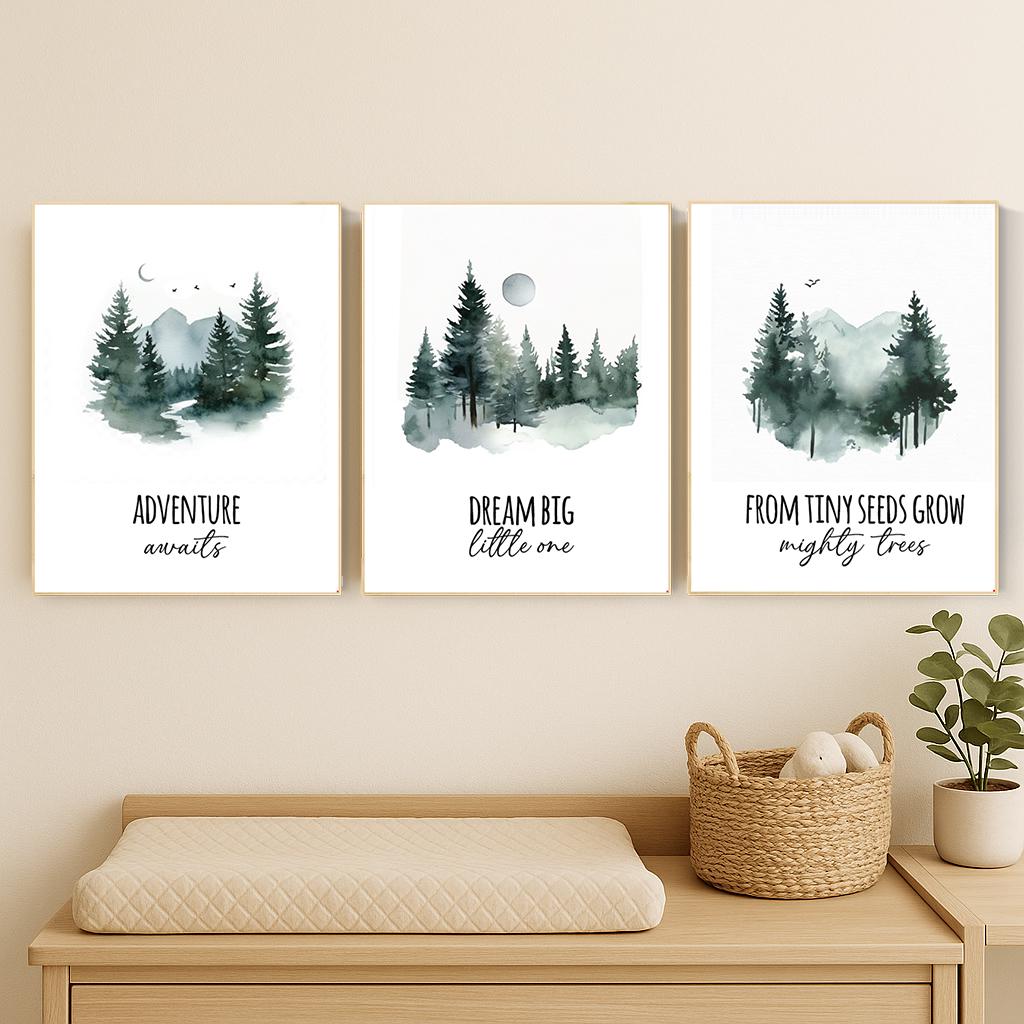 Woodland Nursery Art Prints: Adventure Awaits, Dream Big, Mighty Trees - Set of 3