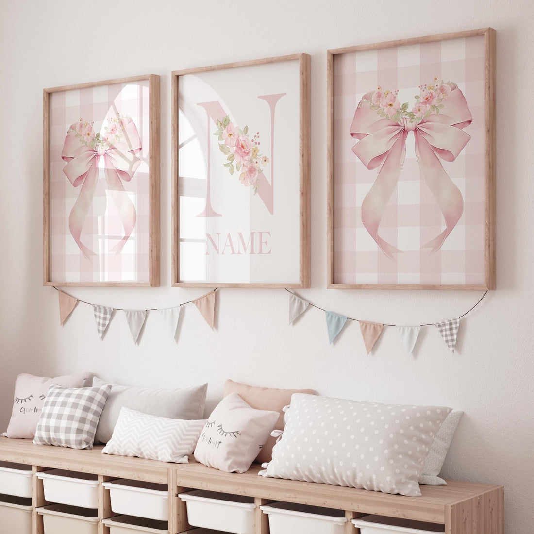 Personalized Nursery Print: Pink Floral Bow, Baby Girl Room Decor