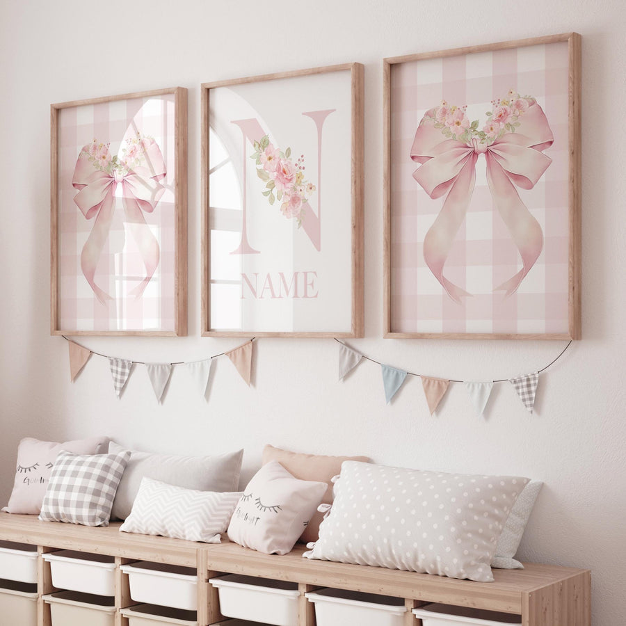 Personalized Nursery Print: Pink Floral Bow, Baby Girl Room Decor