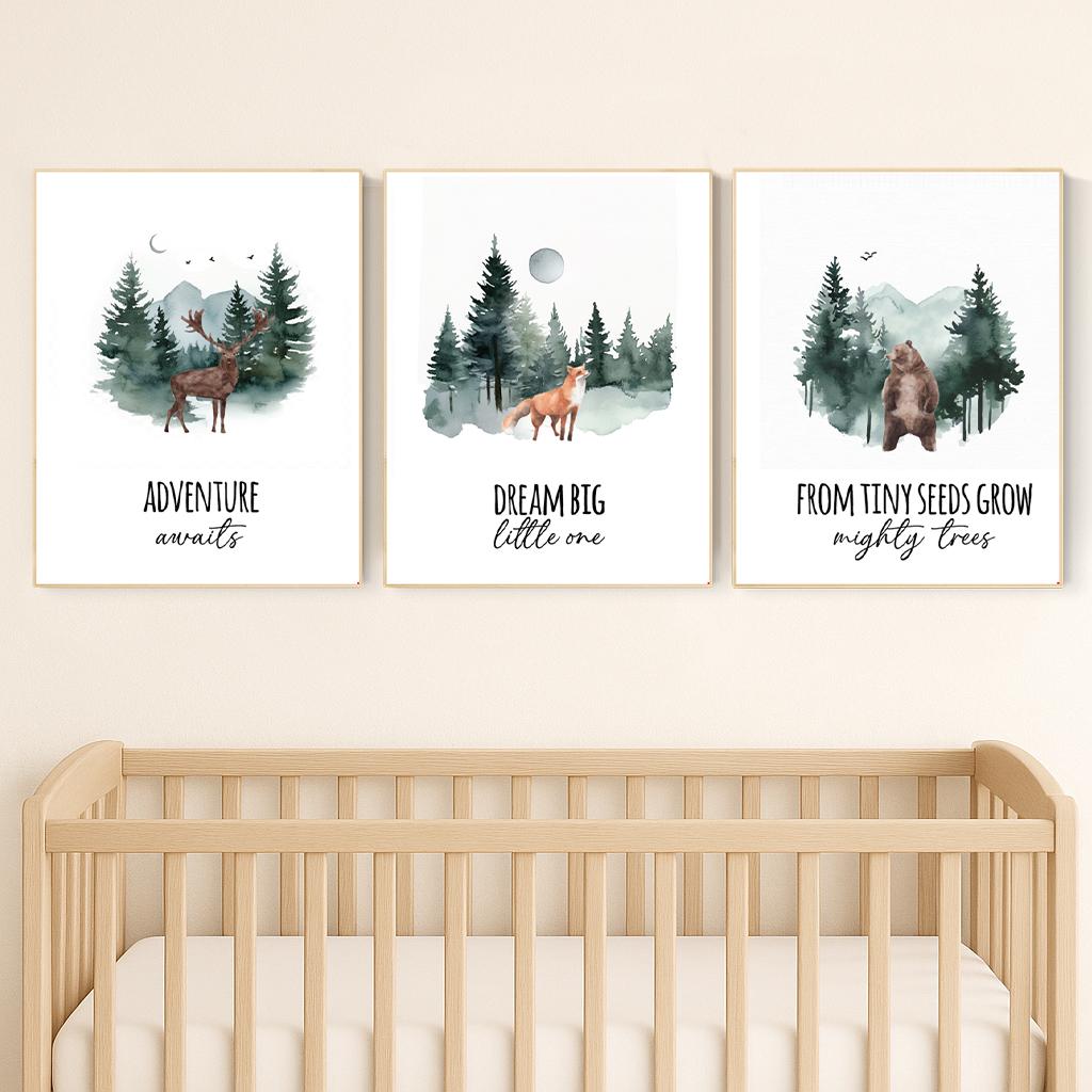 Woodland Nursery Prints: Bear, Deer, Fox - Forest Animal Art (Set of 3