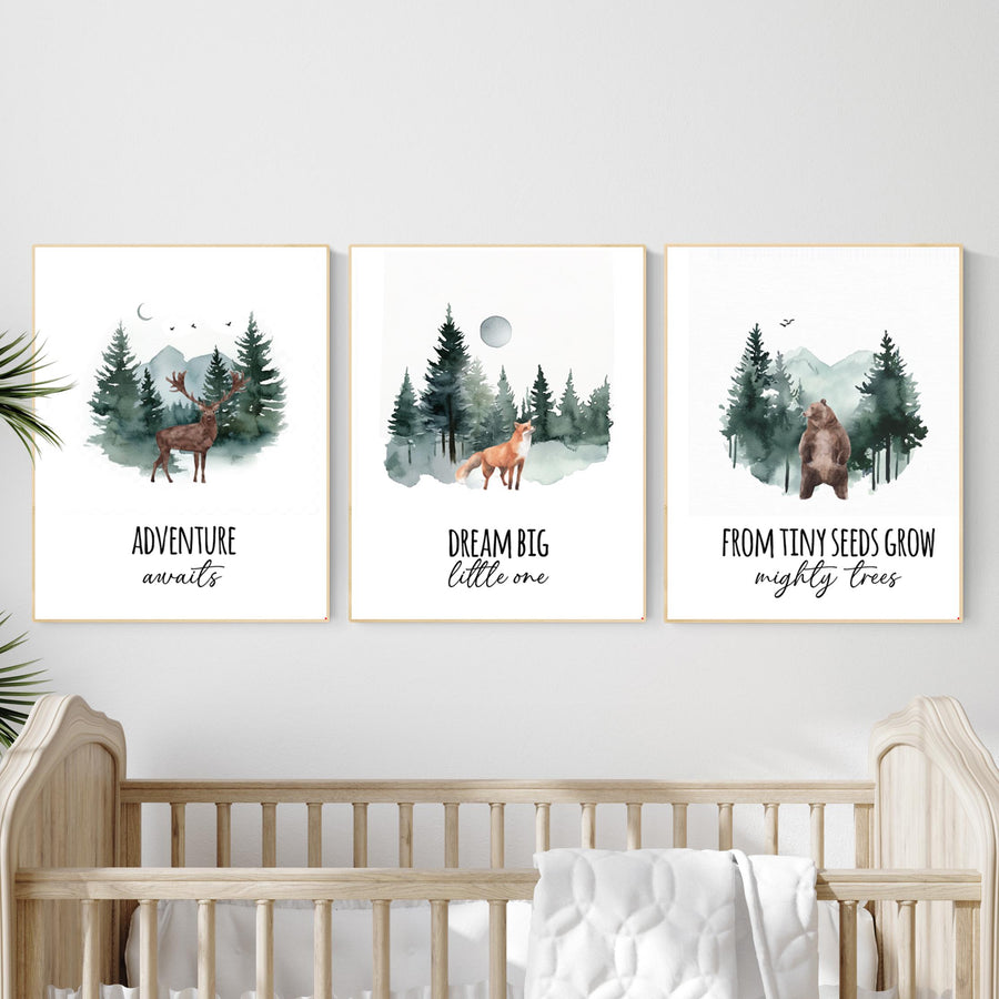 Woodland Nursery Prints: Bear, Deer, Fox - Forest Animal Art (Set of 3